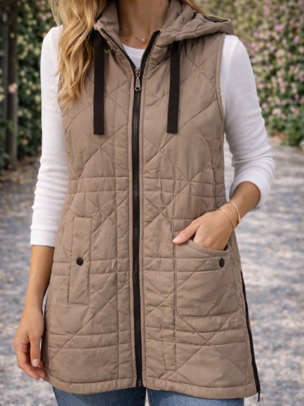 Weatherproof Vintage Tan Quilted Hooded Puffer Vest Full Zip XS